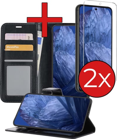 Hoesje - Met 2x Screenprotector - Geschikt voor Google Pixel 8a - Luxe Pasjeshouder - Flip Case - Bookcase Portemonee - Kunstleer Book Case - Flipcase Hoes - Book Cover - Walletcase - Portemonneehoes - Telefoonhoes - Zwart