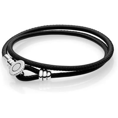 LoveRight Dubbele Lus Echt Leer Pan-Stijl Armbanden 925 Zilveren Gesp Geschikt voor Originele Kralen Bedels Sieraden Maken 38cm black