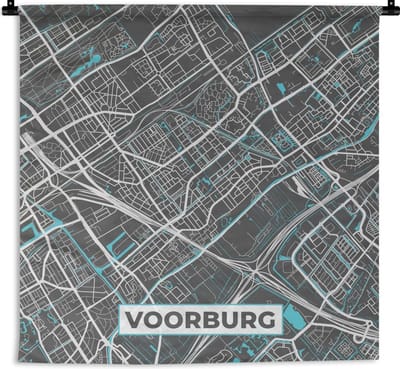 Wandkleed - Plattegrond - Voorburg - Grijs - Blauw - 120x120 cm - Wandtapijt