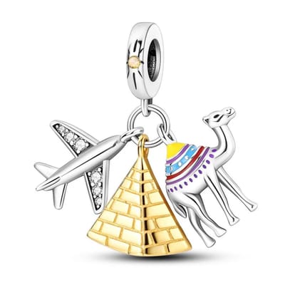 Fler® | Bedel | Past op populaire bedelarmbanden (standaard - 3mm) | Egyptische Piramide, Kameel & Vliegtuig Reis Bedel | Hangbedel Charm | 925 sterling zilver | Gele Zirkonia | Gouden, Gele, Paarse, Blauwe en Rode Emaille | Armband Kraal | Valentijn