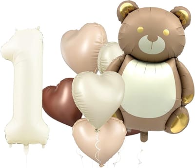 Allecto - Ballonnen set - Eerste verjaardag - Grote beer ballon - Nummer 1 folie ballon - 6 hart ballonnen - Beige bruin - 8-delige decoratie set