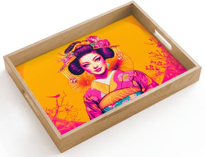 Dienblad hout 40x30 cm - Schootdienblad - Bloemen - Vrouw - Kimono - Roze - Borrelplank rechthoek - Plateau dienbladen