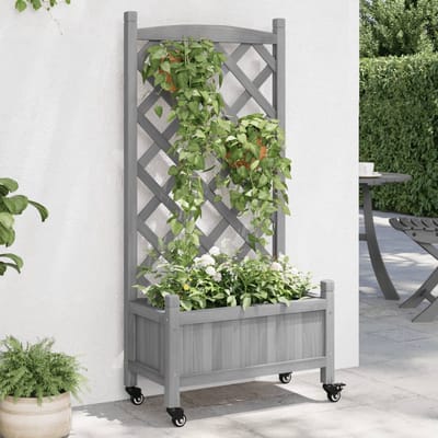 Plantenbak met klimrek - Weerbestendig - Bloembak - Met trellis - Buiten - Hout - Met wieltjes - Plantenrek - Rechthoekig - 49 Liter - Grijs