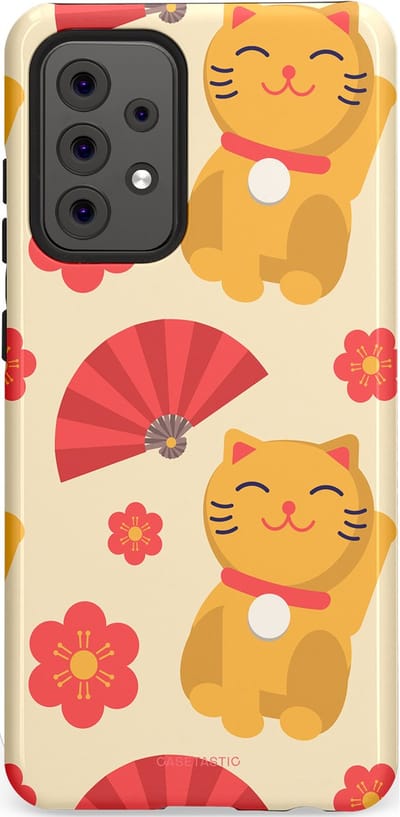 Casetastic hoesje geschikt voor Samsung Galaxy A52 (2021) 5G / Samsung Galaxy A52 (2021) 4G - Dubbellaagse bescherming - Japanse Poezenvreugde - Lucky Cats - Fashion Case - Crème Koraal Goud