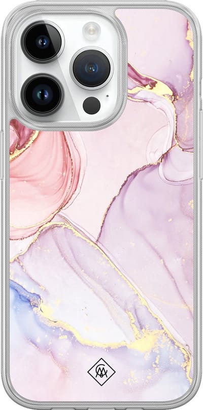 Casimoda® hoesje - Geschikt voor iPhone 14 Pro - Marmer roze paars - 2-in-1 case - Schokbestendig - Marble design - Verhoogde randen - Paars, Transparant