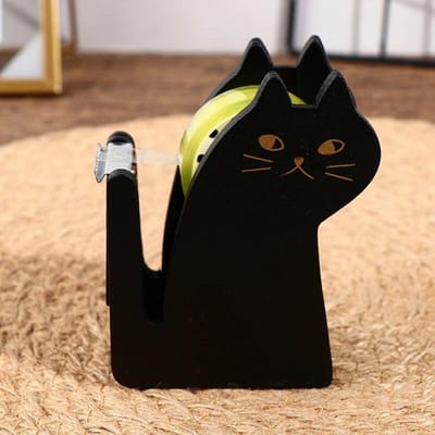 Distributeur de ruban adhésif en bois Vintage, chat de dessin animé mignon, coupe-ruban, porte-ruban Washi, outil d'emballage manuel, accessoire de bureau noir
