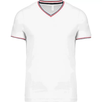Wit t-shirt met blauw-rood streepje bij kraag en mouw V-hals merk Kariban maat 2XL
