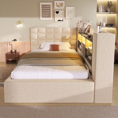 OKWISH Gestoffeerd Bed 90x200 cm - LED Verlichting en USB Oplaadpoorten - Hydraulische Opbergruimte - Linnen - Beige - Zonder matras