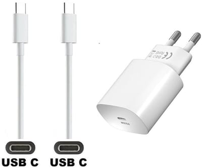 OneOne 25W super snellader en screenprotector van glas voor iPhone 15 en iPhone 16. Oplader met sterke 1,0m USB C naar C kabel. Krachtige witte PD PPS lader adapter. Screenprotector past op Apple iPhone 15, iPhone 16