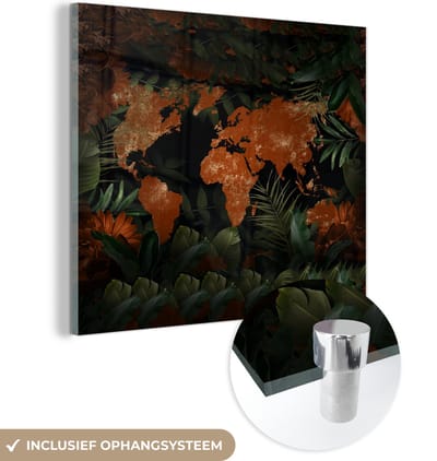® Glasschilderij 90x90 cm - Schilderij acrylglas - Wereldkaart - Goud - Rood - Foto op glas - Muurdecoratie woonkamer - Wanddecoratie slaapkamer - Schilderijen