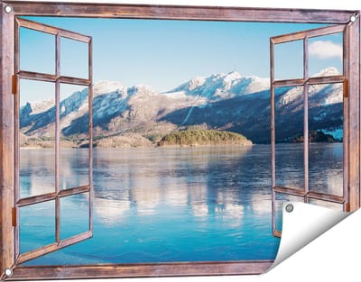Gards Tuinposter Doorkijk Meer bij het Bergen Landschap in Noorwegen - 90x60 cm - Tuindoek - Tuindecoratie - Wanddecoratie buiten - Tuinschilderij