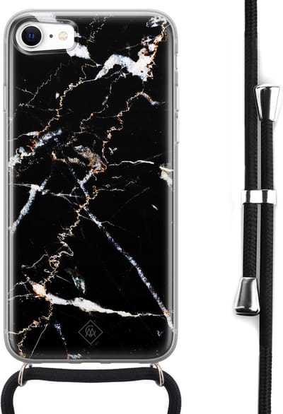 Casimoda® hoesje met koord - Geschikt voor iPhone SE (2020) - Marmer Zwart - Afneembaar koord - Siliconen/TPU - Zwart