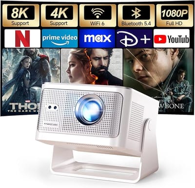 Mini Beamer Full HD 1080p met Android 14 – Draagbare Projector met WiFi 6 & Bluetooth 5.4 – Autofocus, 6D Keystone & 180° Draaibaar – Voor Thuisbioscoop