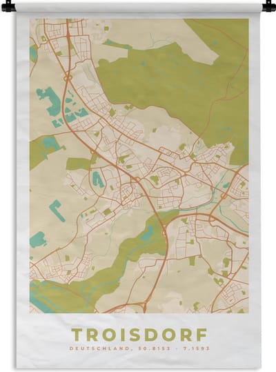 Wandkleed - Wanddoek - Troisdorf - Plattegrond - Kaart - Vintage - Stadskaart - 120x180 cm - Wandtapijt