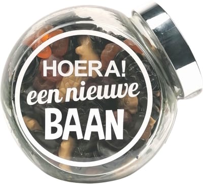 "Lekker & Zoet Snoeppot ""Hoera! een nieuwe baan"" - gevuld met drop - 1250 gram"