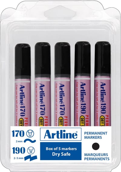 Artline 170 & 190 Drysafe Permanent Marker Set - 5 Stuks - Kogelpunt 2,0mm & Schuine Punt 5,0mm - Watervast - Zwart
