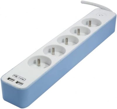 Stekkerdoos met 5 Stopcontacten en 2 USB-A Poorten - 1,5 Meter Kabel - Wit/Blauw