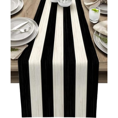 Zwart-wit gestreepte linnen tafel lopers boerderij retro rustieke hout textuur duurzame tafel loper keuken eetkamer feest decoratie 150x33cm