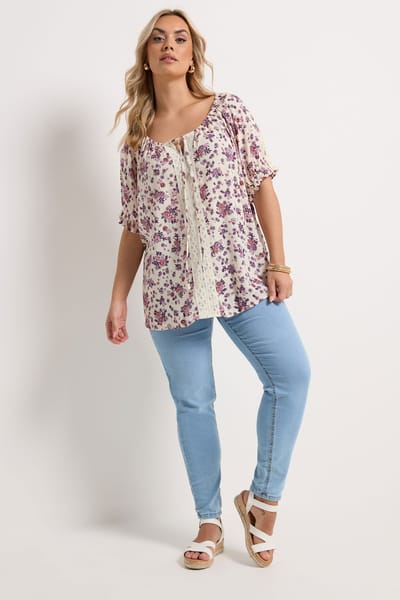 Yours Naturelbruine Top Met Kleine Bloemenprint Size 42
