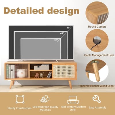 TV-meubel Urbanhome Bamboe & Rotan – TV-kast & Lowboard 120,5x31x45,5 cm – Moderne TV-console met 2 Open Vakken en Glazen Schuifdeur – Wandkast voor TV tot 55 Inch – Minimalistisch & Duurzaam
