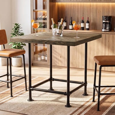 Tribesigns Vierkante Bartafels - 90 x 90 x 90 cm - massief houten Bartafel met metalen frame - Vierkant hoge tafel - Voor Keuken, Woonkamer en Kleine Ruimtes - Rustiek Bruin