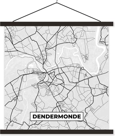 Posterhanger incl. Poster 60x60 cm - Schoolplaat - Zwart Wit – België – Plattegrond – Stadskaart – Kaart – Dendermonde - Textielposter - Zwarte latten - Stadskaart