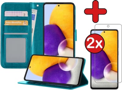 Hoesje - Met 2x Screenprotector - Geschikt voor Samsung Galaxy A72 5G - Luxe Pasjeshouder - Flip Case - Bookcase Portemonee - Kunstleer Book Case - Flipcase Hoes - Book Cover - Walletcase - Portemonneehoes - Telefoonhoes - Turquoise