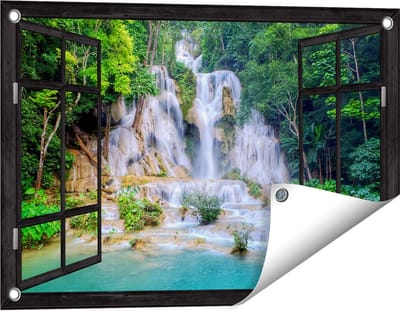 Gards Tuinposter Doorkijk Waterval in het Tropische Natuur - 60x40 cm - Tuindoek - Tuindecoratie - Wanddecoratie buiten - Tuinschilderij