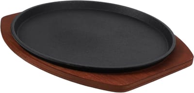 Sissende gietijzeren plaat voor catering - 27 cm voorgekruide steakgrillpan met houten voet - Heavy Duty Fajita-koekenpan voor BBQ, camping en veilig koken thuis
