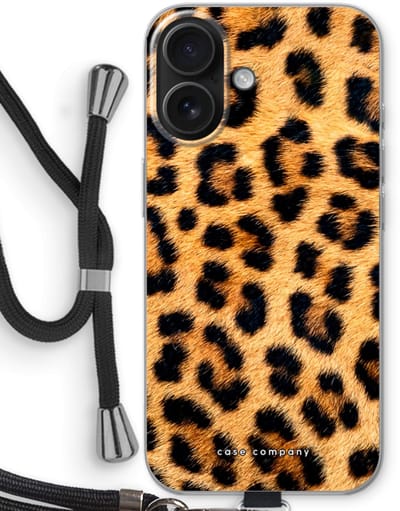 Case Company® - Hoesje met koord geschikt voor iPhone 16 hoesje met Koord - Luipaard - Telefoonhoesje met Zwart Koord - Bescherming aan alle Kanten en Over de Schermrand