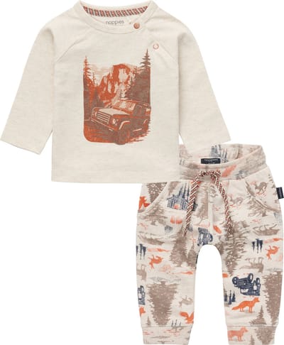 Noppies - Kledingset - Jongens - 2delig - Broek Jacobus bosdieren Oatmeal - Shirt Jinan Oatmeal - Maat 74