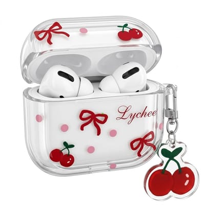 Transparant hoesje voor oordopjes dames met kersen en strikjes patroon en decoratieve hanger geschikt voor AirPods Pro 2 met TPU beschermhoes en clip