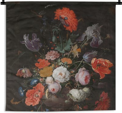 Wandkleed - Wanddoek - Stilleven met bloemen en een horloge - Schilderij van Abraham Mignon - 90x90 cm - Wandtapijt