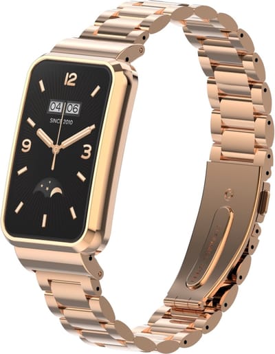 By Qubix - Metalen schakelband met case - Champagne goud - Geschikt voor Xiaomi Smart Band 7 Pro / Mi Band 7 Pro bandje