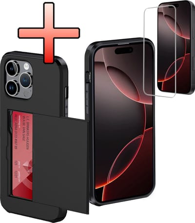 Hoes Geschikt voor iPhone 16 Pro Hoesje Pasjeshouder Hard Cover Met Screenprotector Shock Proof Hard Case Hoes Met Kaarthouder - Zwart