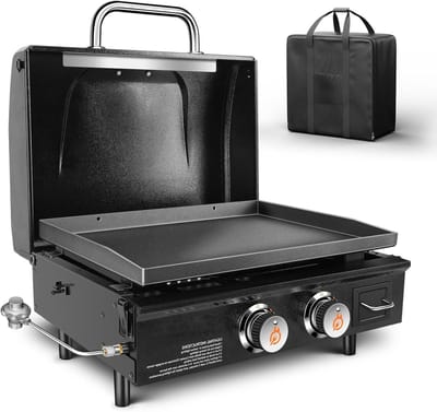 Tafelgrill met 2 Branders en Afdekking, Plancha Gasgrill voor Buiten, 22 Inch, 48.000 BTU, Inclusief Draagtas en Antiaanbaklaag