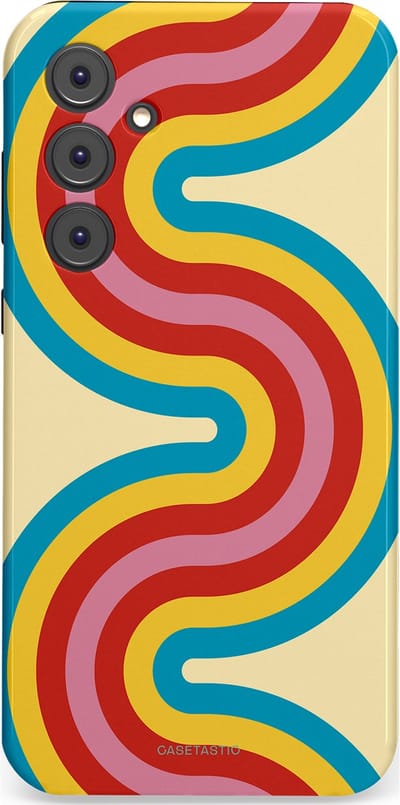 Casetastic hoesje geschikt voor Samsung Galaxy A35 - Dubbellaagse bescherming - Retro kronkels - Fashion Case - Crème Lichtblauw Goud Rood