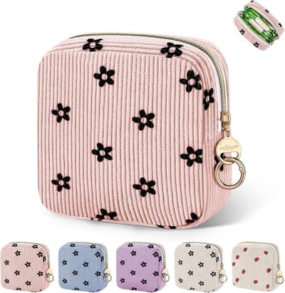 Maandverband etui - Opbergtasje - Hygiënisch opbergen - Waterbestendig corduroy - 13 x 13 cm - Roze bloemen
