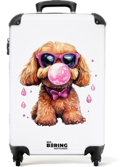 NoBoringSuitcases.com® - Kinderkoffer meisje - Kindertrolley meisjes - Bruine hond met roze bril en kauwgombal - Handbagage koffer lichtgewicht - Reiskoffer trolley kinderen - Rolkoffer met wieltjes - Past binnen 55x40x20 en 55x35x25