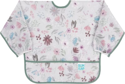 Bumkins Sleeved Bib - Waterdichte Mouwslab met Opvangbakje - Slab met Lange Mouwen - Knoeislab en Slabbetje voor Baby en Peuter - Kliederschort - Machinewasbaar - Baby Led Weaning BLW - Floral Bloemen - Grijs - Meisje - 6-24 maanden