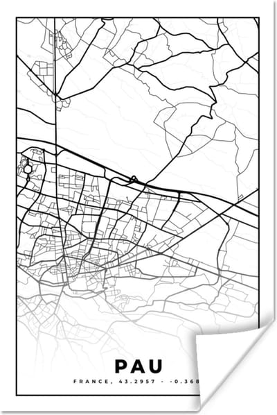 Poster Kaart - Stadskaart - Pau - Frankrijk - Plattegrond - Zwart wit - 120x180 cm XXL