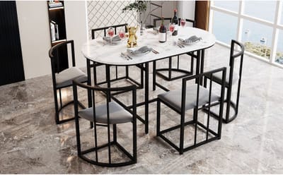 Eetkamerset met zes stoelen: (witte tafel, stoelen met rugleuning en grijze bekleding, zwart ijzeren onderstel), eetkamerset, moderne eettafelcombinatie