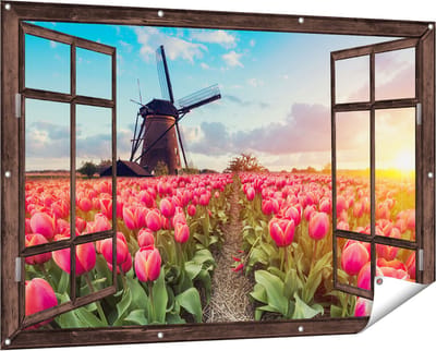 Gards Tuinposter Doorkijk Roze Tulpen Bloemenveld - met Windmolen - 150x100 cm - Tuindoek - Tuindecoratie - Wanddecoratie buiten - Tuinschilderij