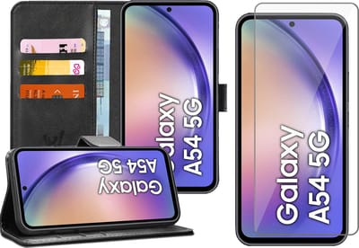 Hoesje geschikt voor Samsung Galaxy A54 - Screen Protector GlassGuard - Book Case Kunstleer Pasjeshouder Zwart & Screenprotector