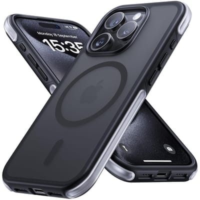 IYUPP Hoesje Geschikt voor iPhone 15 Pro Hoesje - Geschikt voor MagSafe - Shockproof Back Cover - Zwart Grijs Transparant