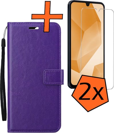 Hoes - Met 2x Screenprotector - Geschikt voor Samsung Galaxy A16 - Luxe Pasjeshouder - Bookcase Portemonee - Flip Case - Kunstleer Book Case - Flipcase Hoes - Book Cover - Walletcase - PortemonneeHoes - Paars