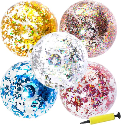 Thijox - 5 Stuks Opblaasbare Glitter Waterballen 40 cm - Transparante Strandballen voor Zomer, Zwembad en Speelplezier - Duurzaam PVC, Geschikt voor K