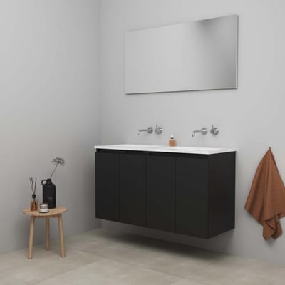 On-Line Badkamermeubelset - 120 cm - Bouwpakket - Greeploos 4 Deuren - Acryl Wastafel - zonder Kraangat - Spiegel - Mat Zwart