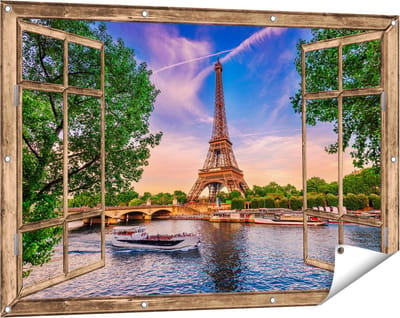 Gards Tuinposter Doorkijk Eiffeltoren in Parijs aan het Water - Kleur - 120x80 cm - Tuindoek - Tuindecoratie - Wanddecoratie buiten - Tuinschilderij