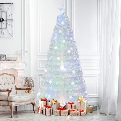 COSTWAY Kunstkerstboom van 210 cm, met verlichting, dennenboom met kleurrijke ledlampen, glasvezel en stervormige punt, kerstboom voor thuis, kantoor, winkel, hotel, wit